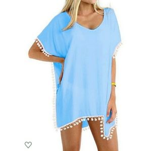Swimwear Beach Blue White Pom Poms Cover Up